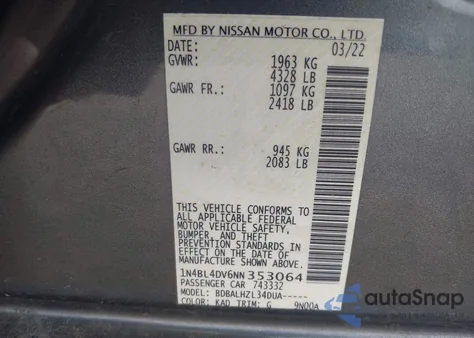 2022 Nissan Altima Sv Fwd z USA, uszkodzony, nr VIN 1N4BL4DV6NN353064